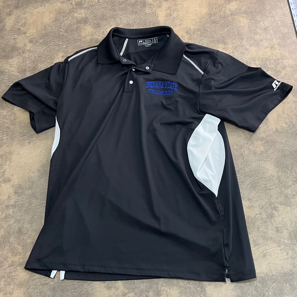 Russell Athletic Polo Shirt Mens Large Black Indiana State Sycamores Snap Neck